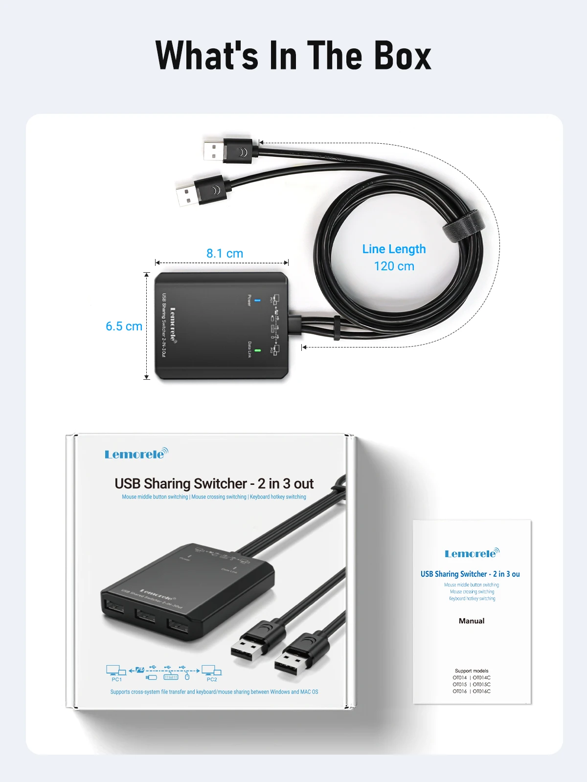 Lemorle saklar USB KVM tanpa tombol, penggunaan saklar USB dua PCs pengalih bersama-sama saklar KVM untuk Windows10 PC Printer Mouse Keyboard 2