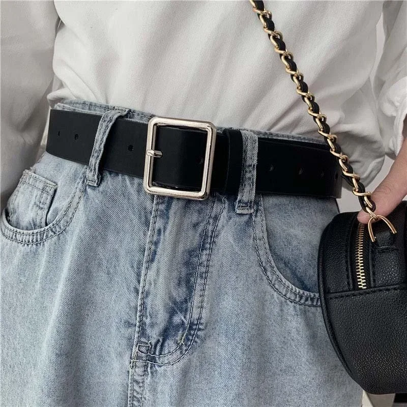 

PU Leather Belt for Women Square Buckle Pin Buckle Jeans Black Belt Luxury Brand Vintage Strap Male and Female Waistband Belts