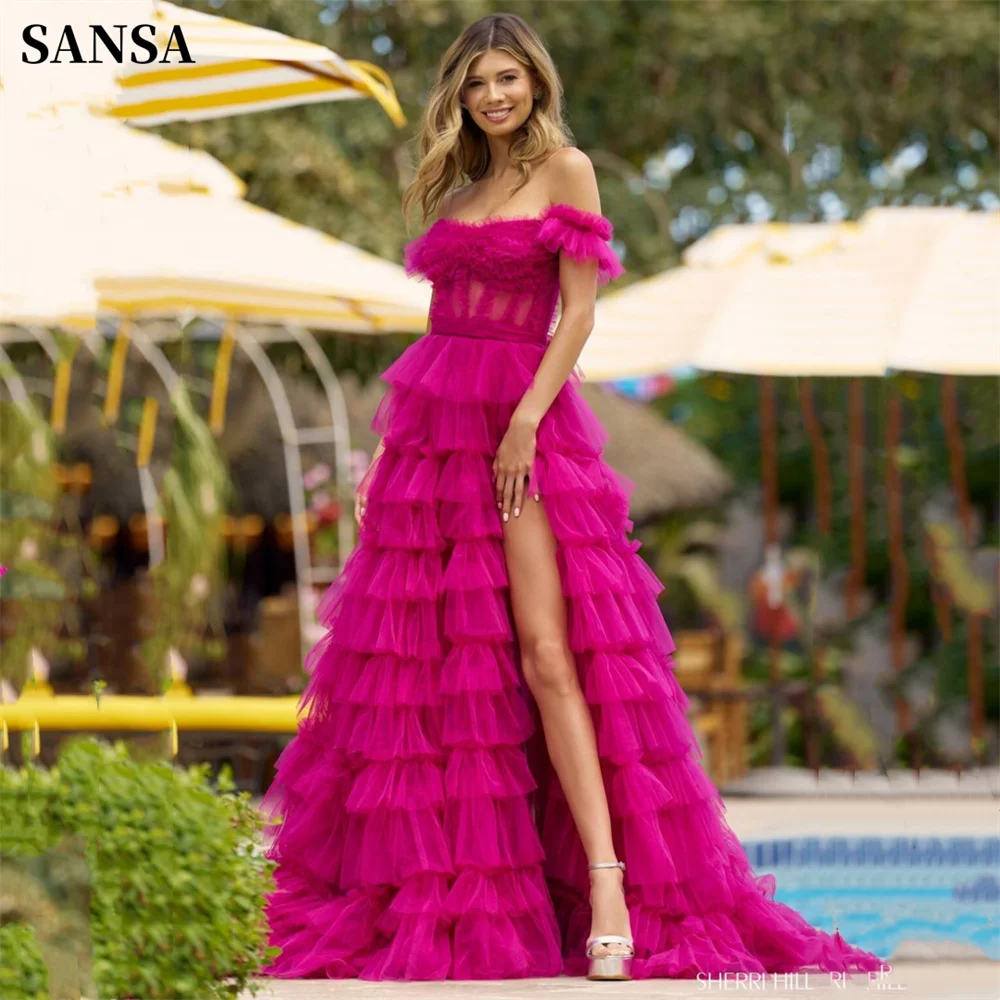 

Sansa Sexy Side Split Fuchsia فساتين السهرة Elegant Multilayer Tulle Prom Dress Luxury Off Shoulder A-line Vestidos De Noche