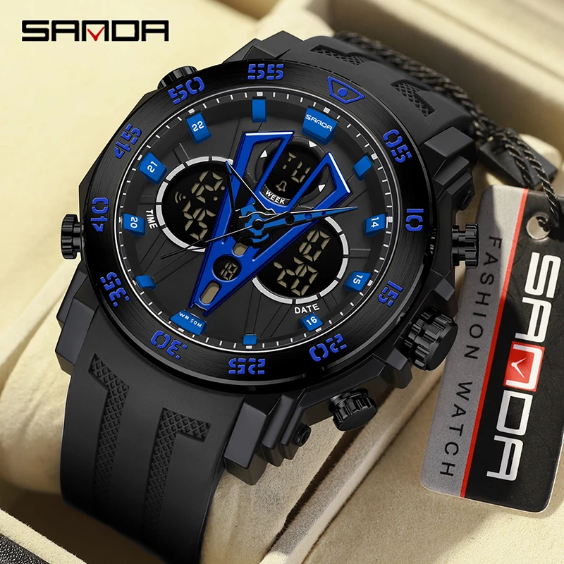 

SANDA Digital Watch Men Military Army Sport Chronograph Quartz Wristwatch Original 50m Waterproof Male Electronic Clock New 6105