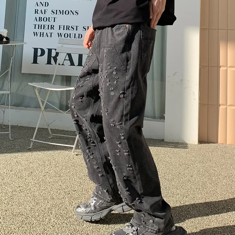 

Black jacquard distressed jeans, men's loose fitting straight leg street hip-hop personality Japanese Y2K wide leg pants
