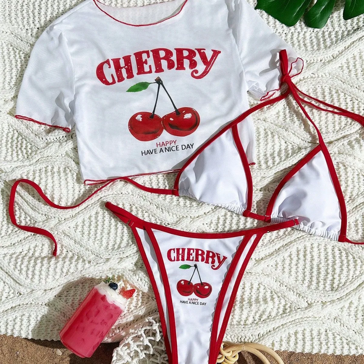 

2026New Three-pieces Bikini Set Cherry Printed Short Sleeve Swimsuit Women Swimwear Bather Bathing Suit Swim Biquine Brasileiro