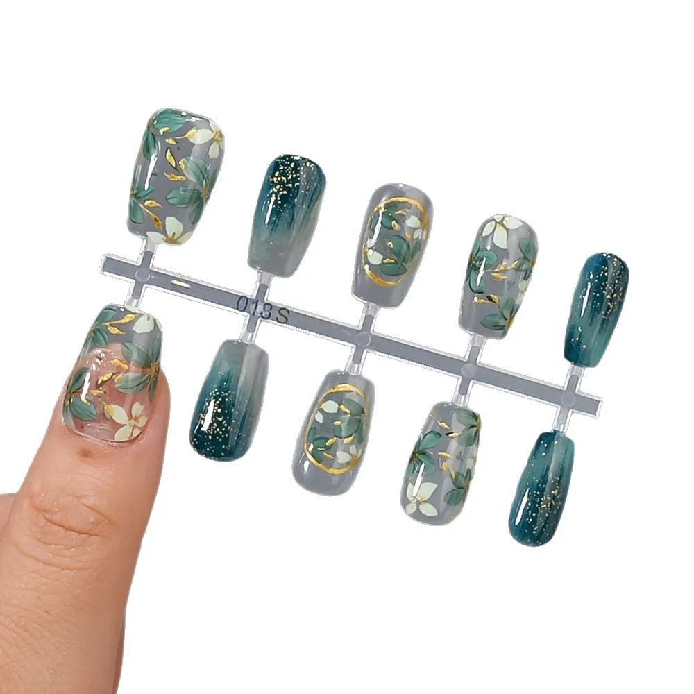 10 pçs primavera verão novas flores bronzeadoras verdes unhas falsas artesanais unhas curtas imprensa em unhas falsas dicas para menina mulher