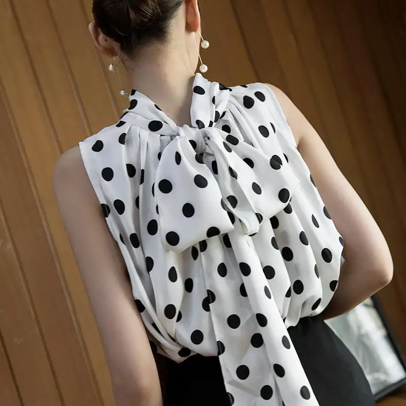 Summer Ruffled White Polka Dot Printed Elegant Sleeveless Tops Blouses for Women Korean Fashion Lace Up Office Lady Loose Shirts