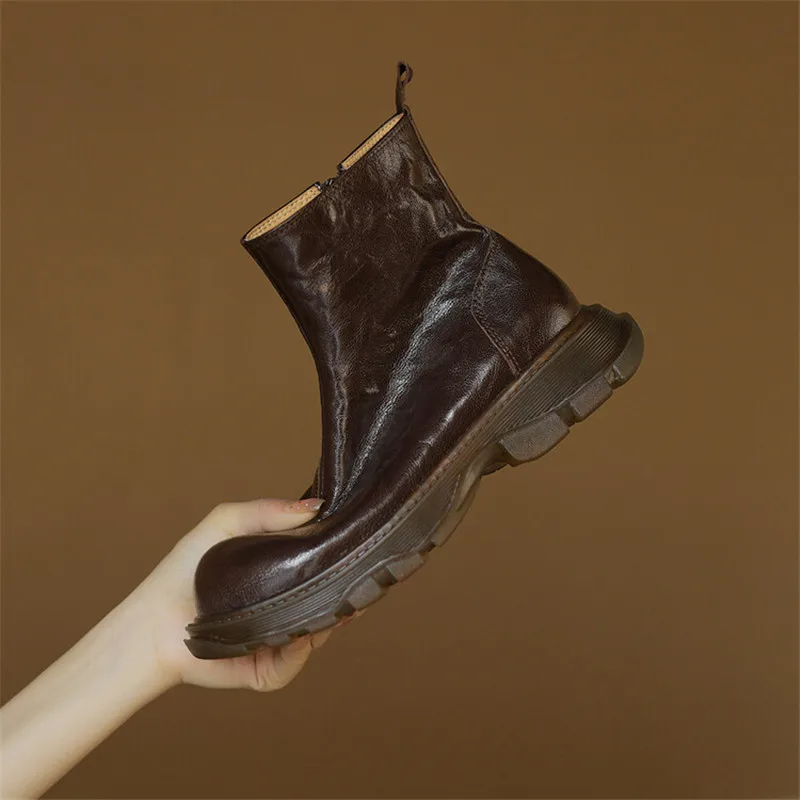 New Autumn Winter Genuine Leather Women Boots Fashion Chelsea Boots for Women Round Toe Short Boots Platform Shoes Botines Mujer