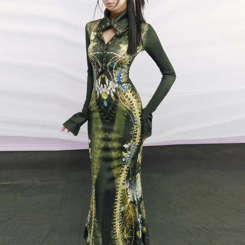 Gotisches Midi-Kleid mit Knochenmuster für Damen, Modisches Slim-Fit Rollkragen-Fishtail-Kleid, Y2K Koreanische Streetwear, Langarm A-Linien-Kleid, Neu
