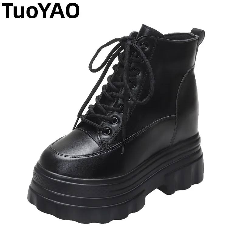 

Women's Chunky Motorcycle Boots Autumn Luxury Leather Hidden Heels Sneakers Winter Punk Boots 10CM Heels Platform Mid-calf Boots