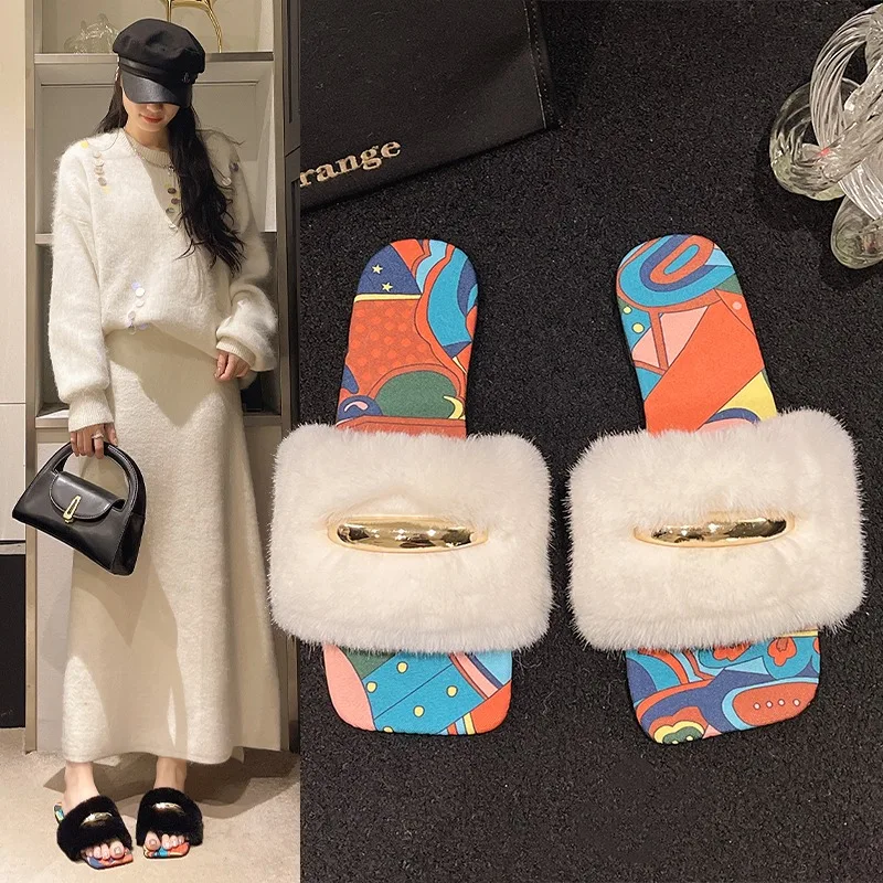 

Women Fur Slippers Fluffy Cute Plush Ladies Flip Flops New Four Seasons Home Outdoor Non-Slip Wear-Resistant Flat Sandals