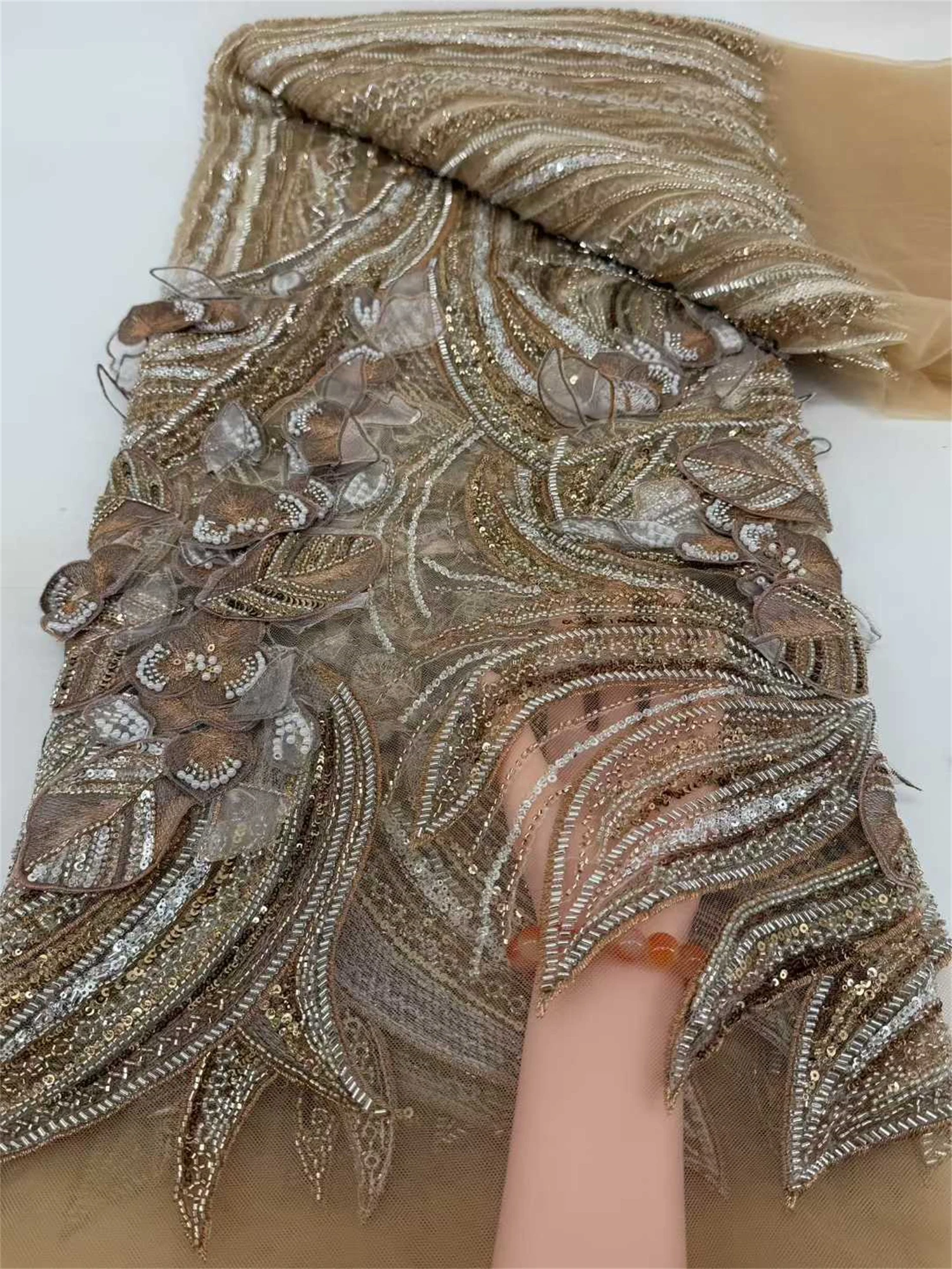 

3D Flower Luxury Super Heavy French Wedding Dress Lace Fabric 2026 African Handmade Beaded Sequins Fabric Nigerian Evening Dress