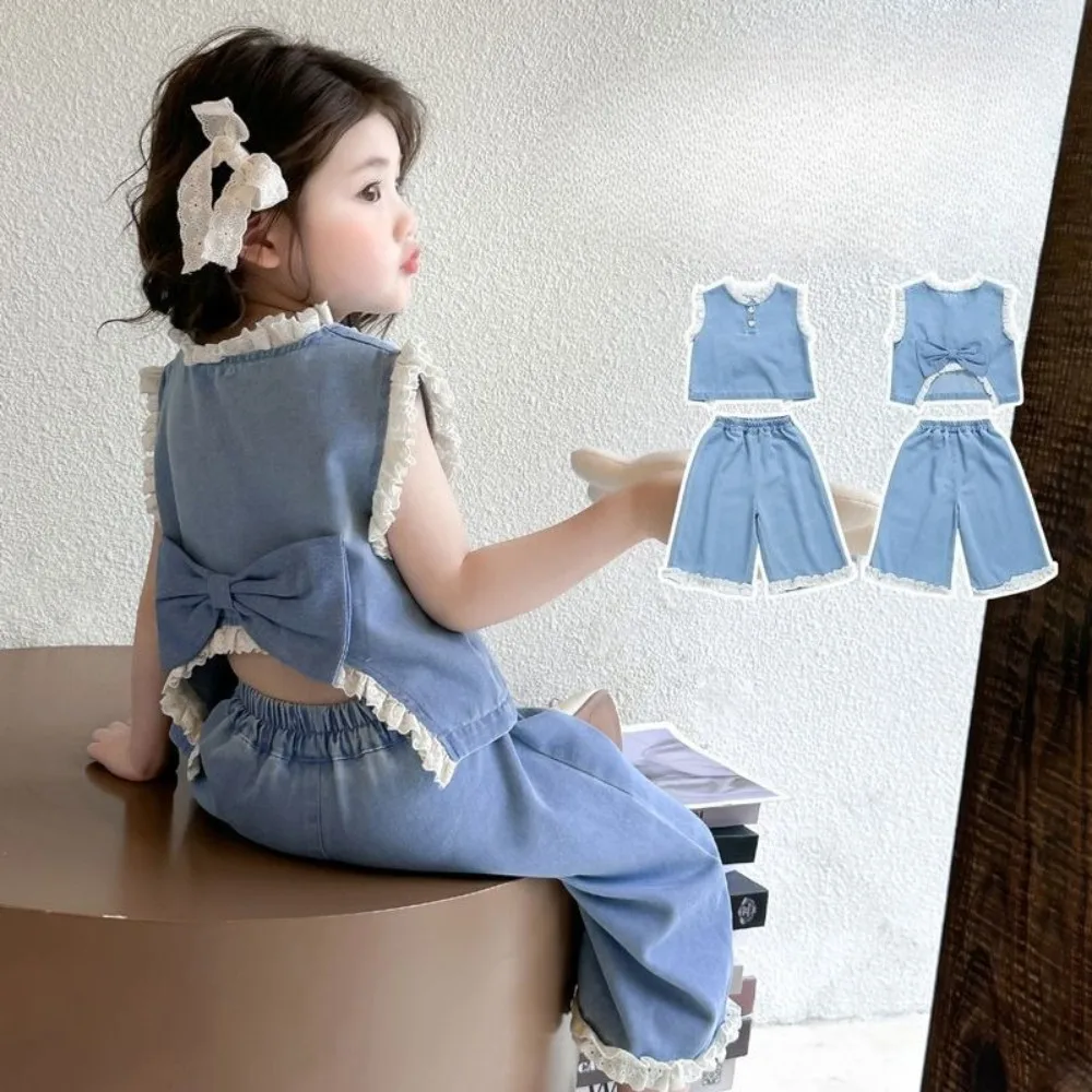 صيف جديد النسخة الكورية الدانتيل المرقعة تقليد سترة جينز وسراويل قطعتين مجموعة 2-7 سنوات القوس ملابس الفتيات عادية #2