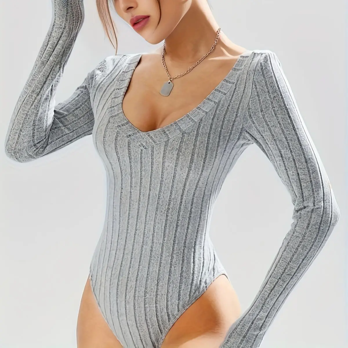 Body de punto acanalado para mujer, traje de cuerpo con cuello de pico, Top de manga larga para mujer, trajes de otoño e invierno, color gris y negro, 2024