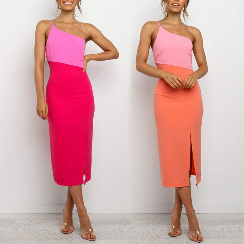 Summer Color Contrast Bag Hip Skirt Sexy Strap Single Shoulder Split Splicing Line Neck One-step Dress Women