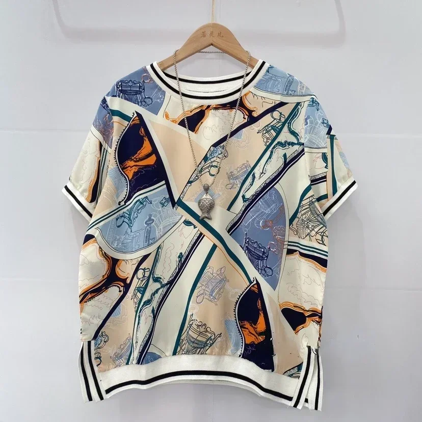 Print Blouses Short Sleeve Summer  Vintage Print Short Sleeve Lady Shirts Female Tops