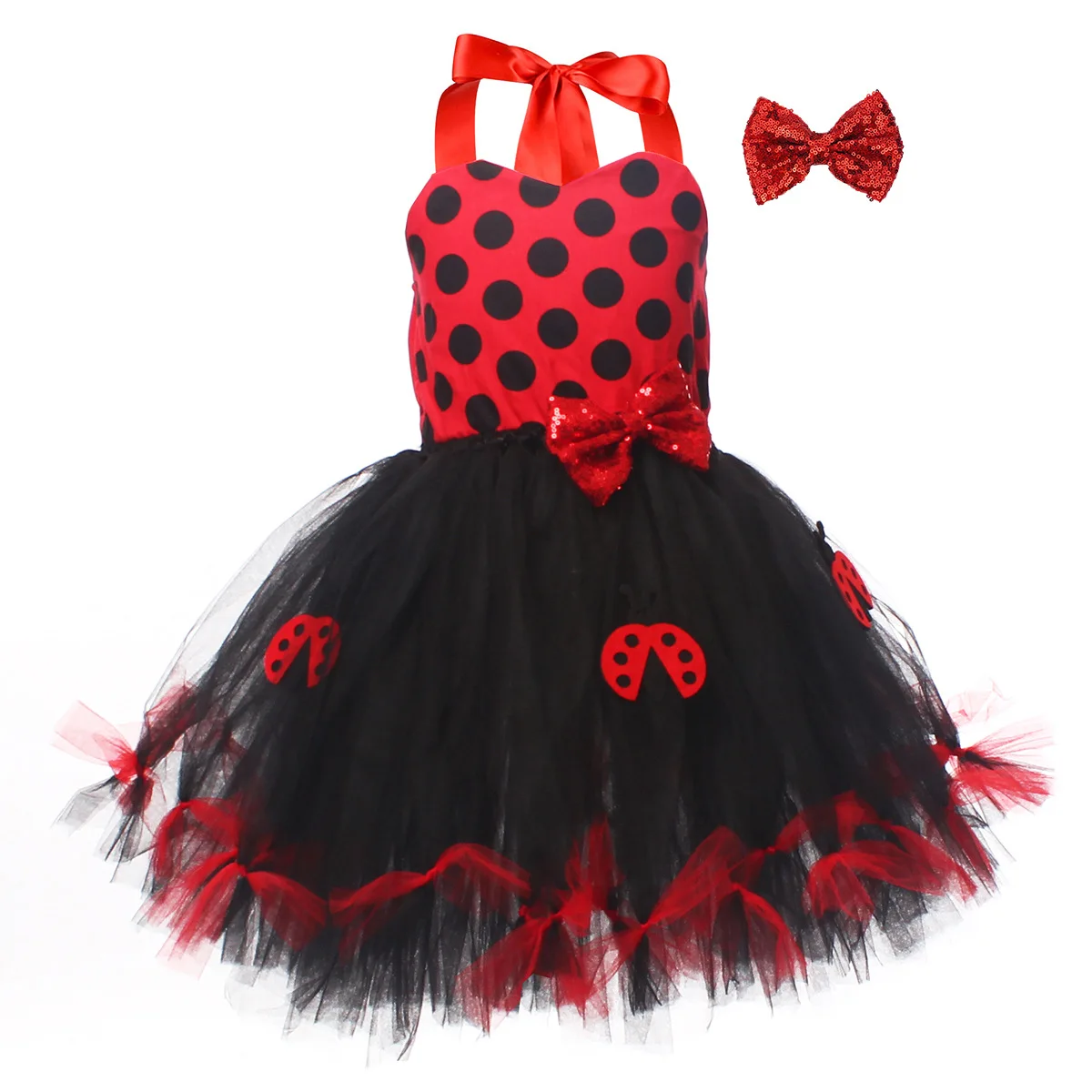 Butterfly Ladybug Tulle Tutu Dress Wing Mesh Gown Insect Motif Fresh Garment Stage Show Evening Meet Light Tiered Flowy Attire