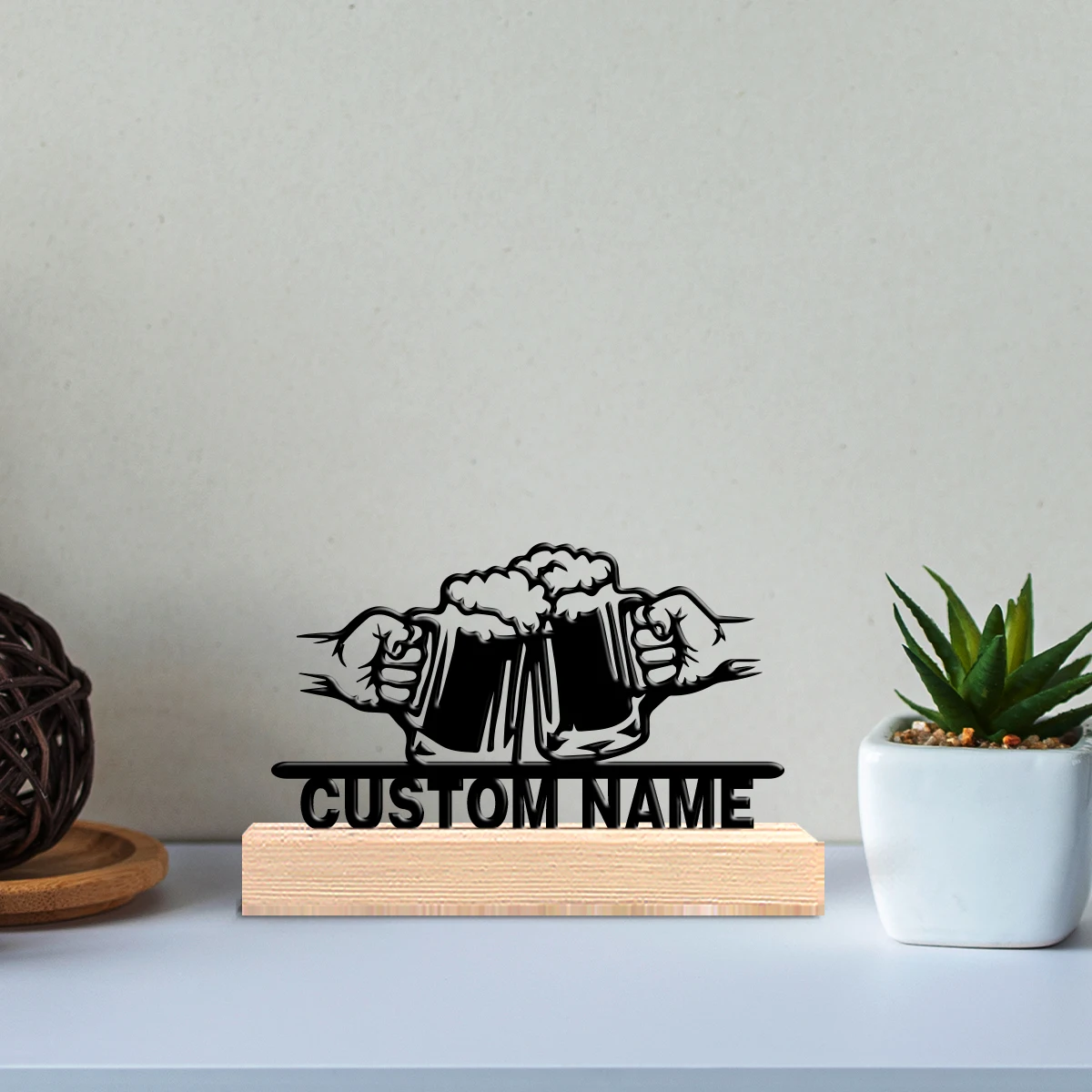 A nostalgic retro custom item Cheers with beer Vintage wrought iron solid wood base frame decoration Suitable for desktop decor