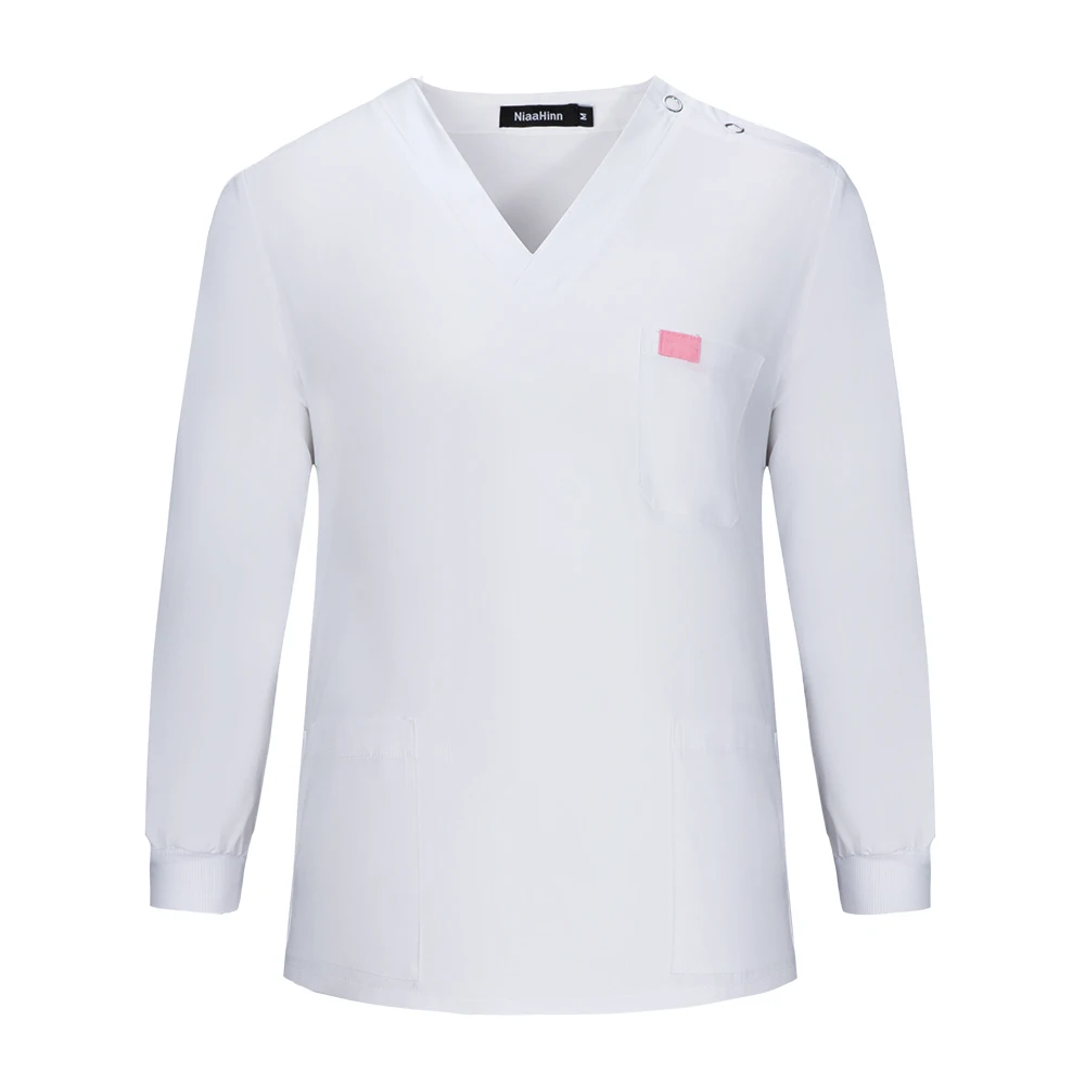 Unisex Uniforme de Enfermeira Respirável, Tops de Manga Comprida, Casaco de Laboratório, Vestido Médico Cirúrgico, Enfermagem Scrubs, Jaqueta, Acessórios Hospitalares