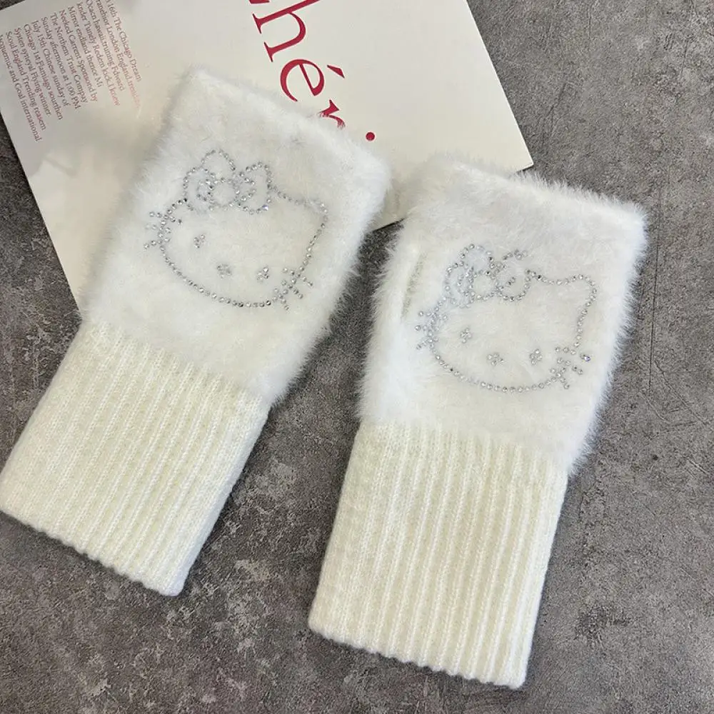 Kawaii Sanrioed Anime Hello Kitty Plush Gloves Cartoon Cycling Half-Finger Gloves Soft Thickened Warm Girl Student Festival Gift