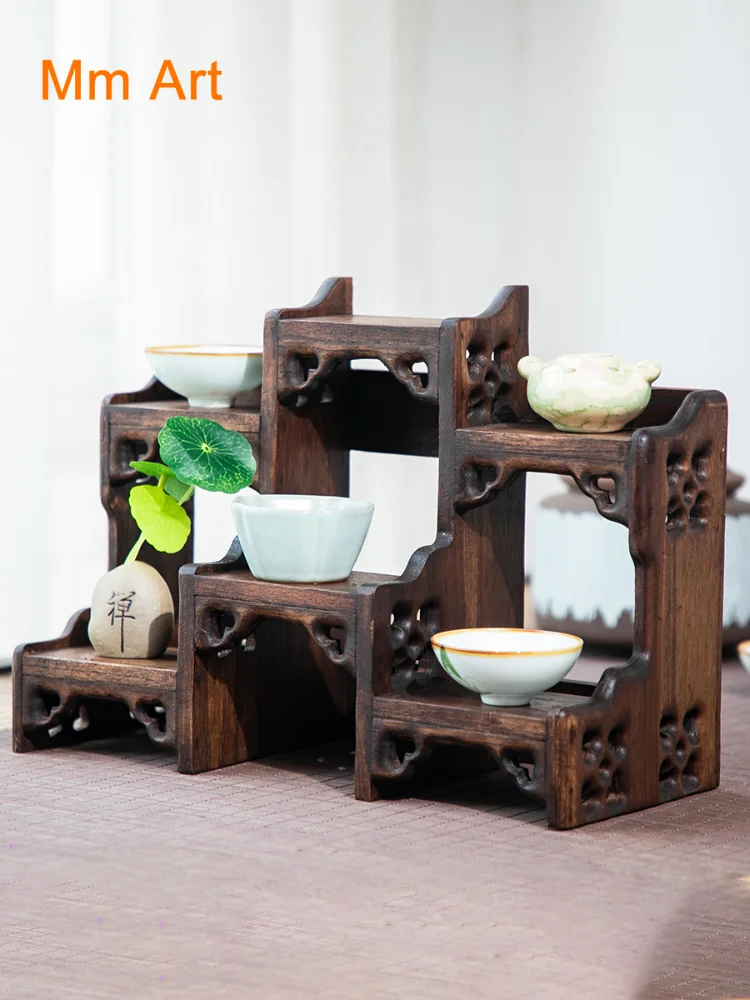 

Retro Desktop Chinese Style Small Antique Shelf Solid Wood Duobao Pavilion Teapot Shelf Tea Set Shelf