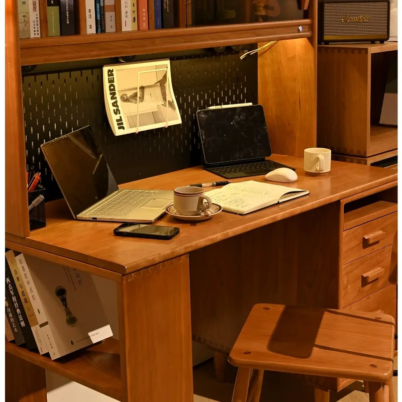Nordic solid wood desk bookshelf integrated cherry wood simple modern children's learning and writing double table