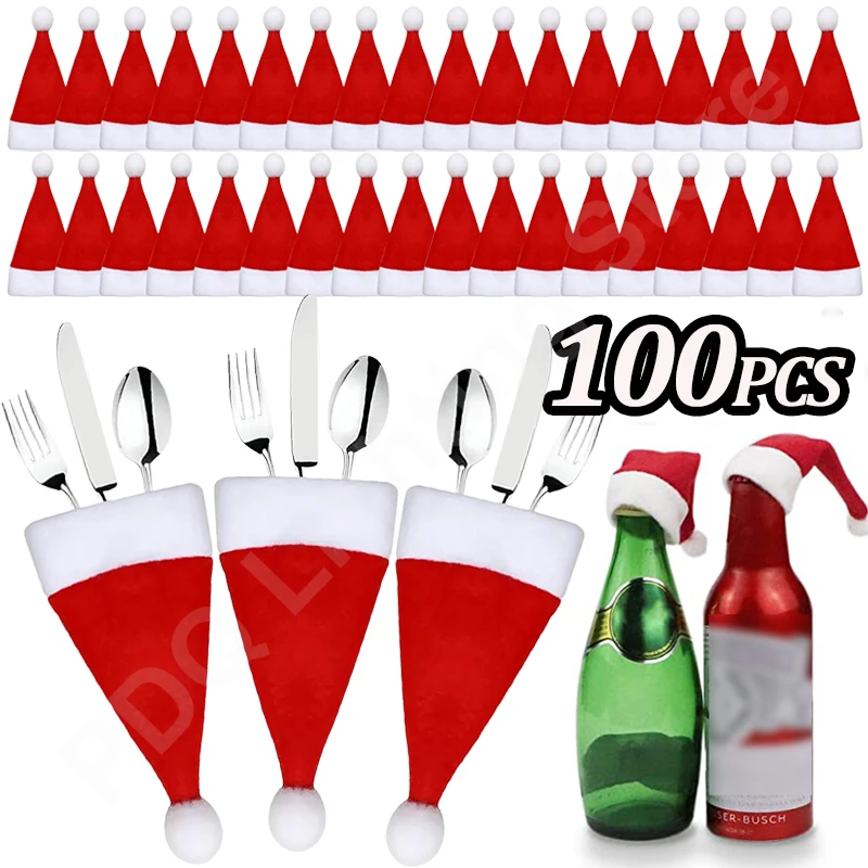 100pc Mini Christmas Hat Tableware Knife Fork Storage Holder Bags Merry Christmas Party Dinner Wine Bottle Xmas Hats Decorations