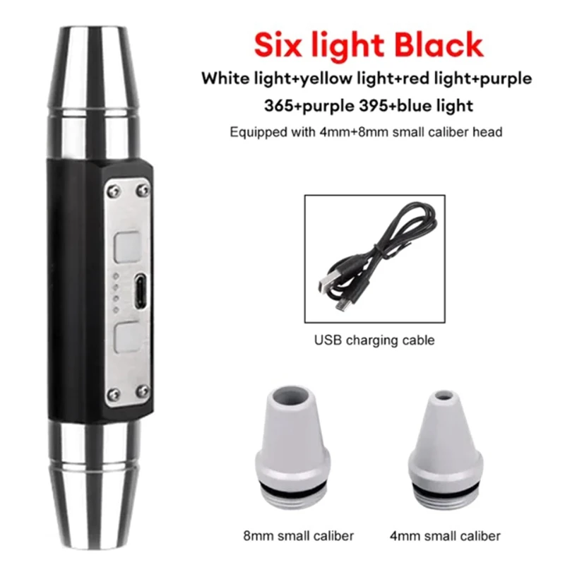 Double Head Jade Flashlight 6 Light Source USB Direct Charging Identification Jewelry Jade Fluorescent Lamp, Black Durable