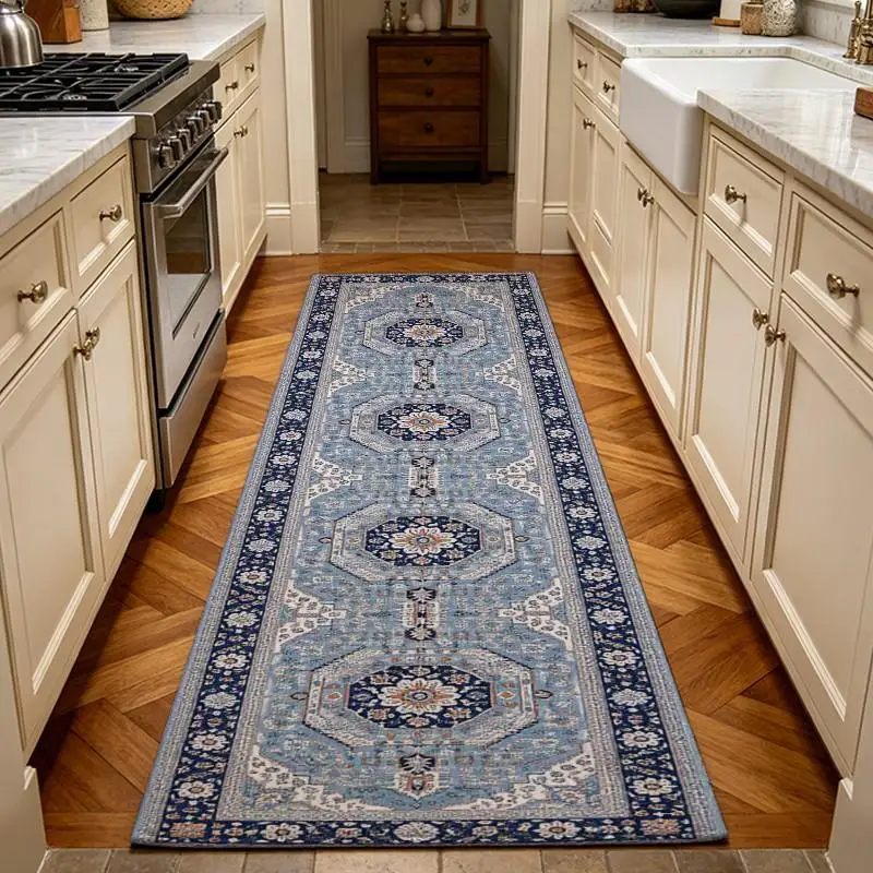 Persian Retro Blue Runner Rug Traditional Oriental Floral Pattern Washable Long Corridor Rug Hallway Entryway Kitchen Floor Mat