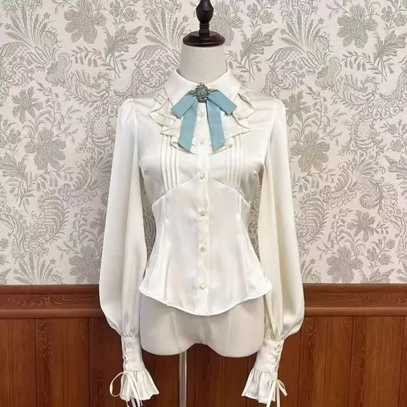 Sweet Lolita Frill Shirt Women Vintage Long Gigot Sleeve Crop Tops With Bow Lapel Ruffle Collar