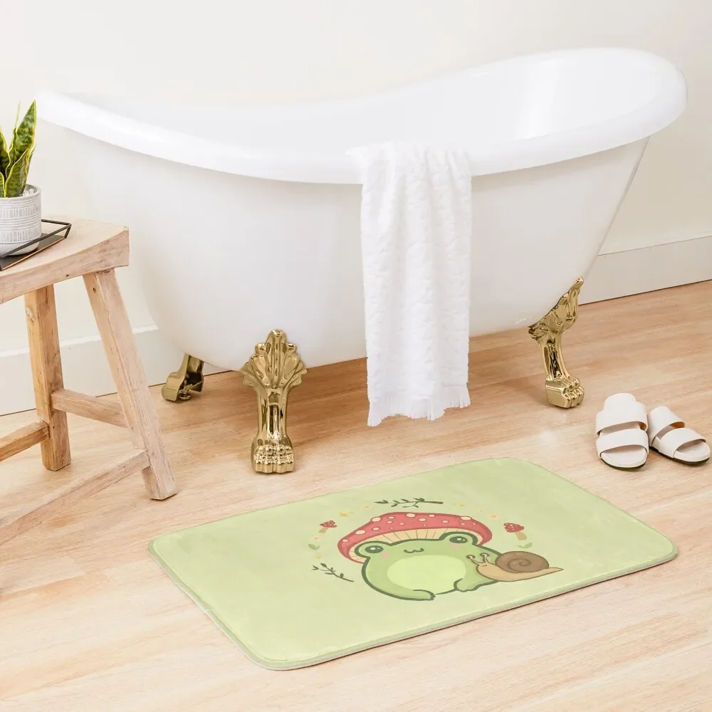 

Cute Kawaii Frog with Toadstool Mushroom Hat and Snail: Cottagecore Aesthetic Love Bath Mat House Interior Entrance Mat