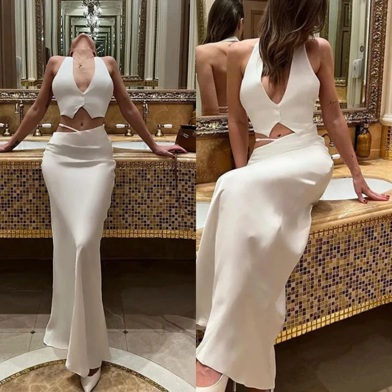 

Fashion Elegant V Neck Suits Sets Women Solid Backless Sexy Club Sleeveless Party Sheath Tracksuits 2 Pcs Tops And Skirts New
