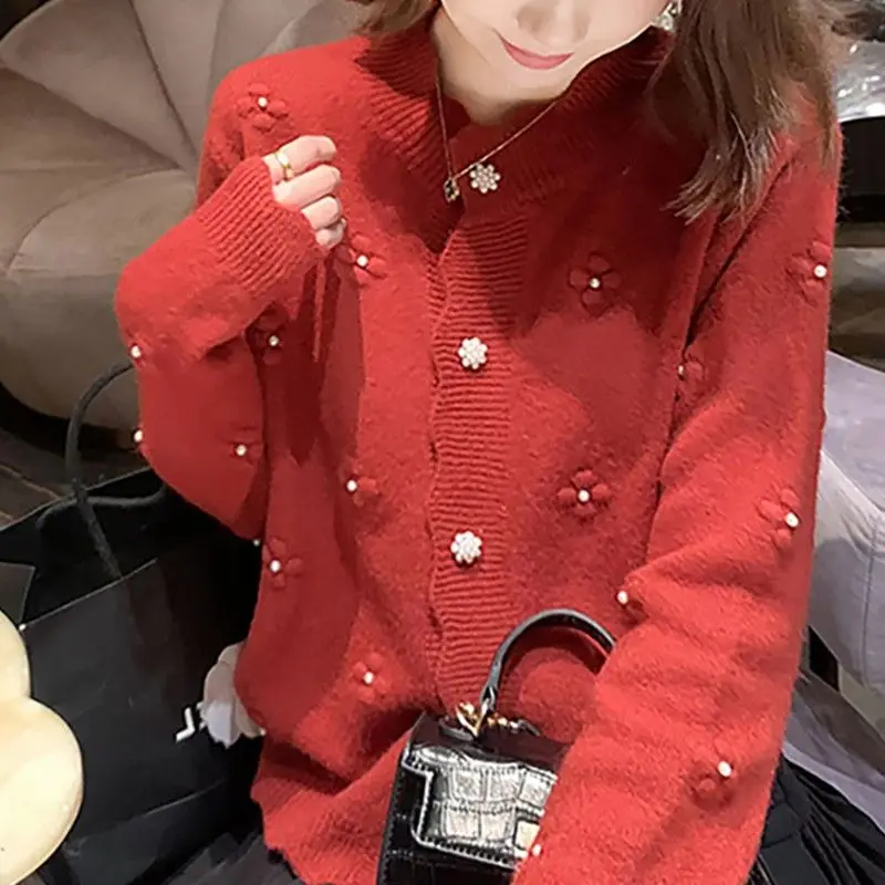 Women Autumn Temperament Lace Solid Color O-neck Long Sleeve Knitwear Ladies Fashion All-match Buttons Knitting Cardigan Coat