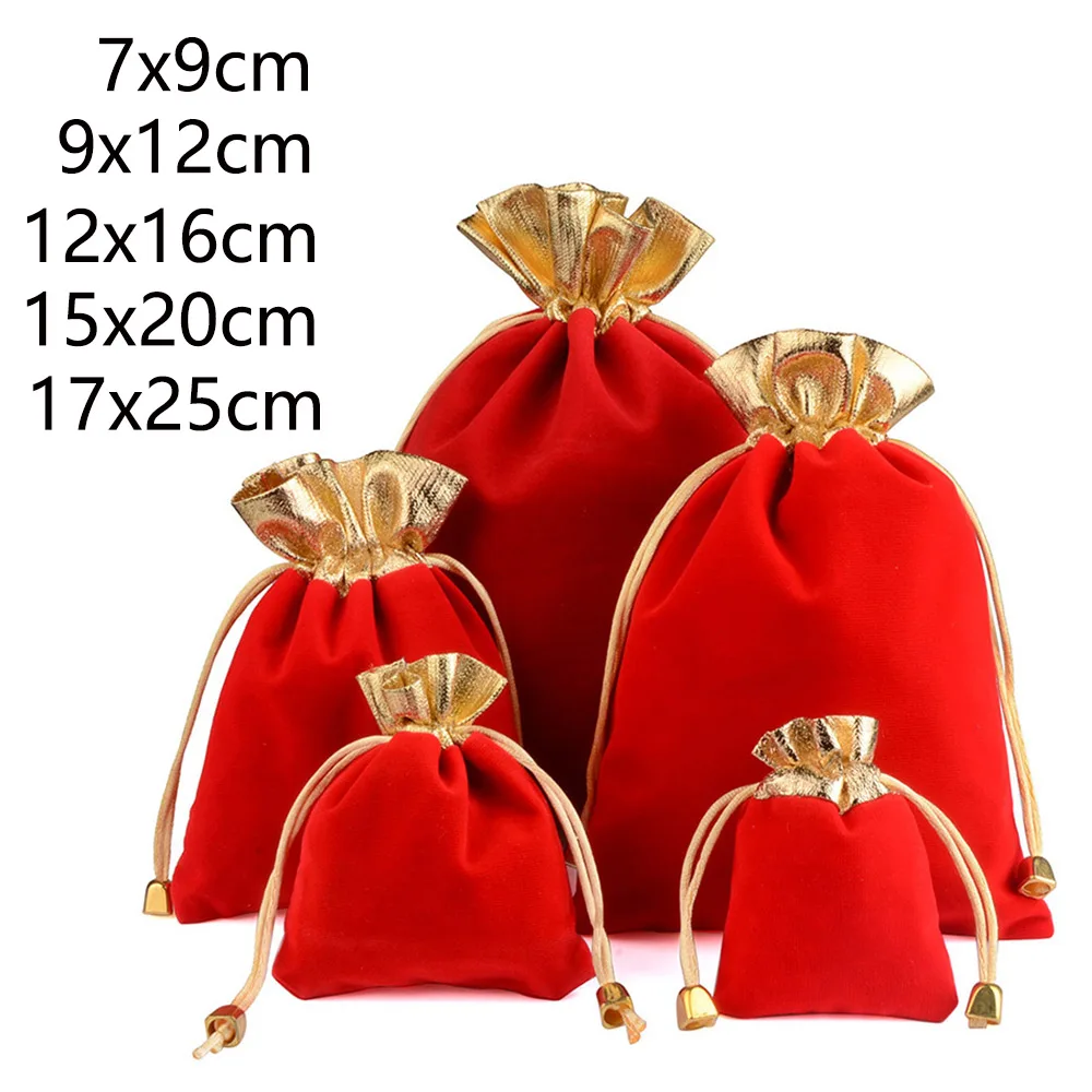 25pcs/Lot Golden Color Edge Drawstring Gift Velvet Bags 7X9 9X12 12X16cm Christmas Wedding  Jewelry Packing Pouches Wholesale