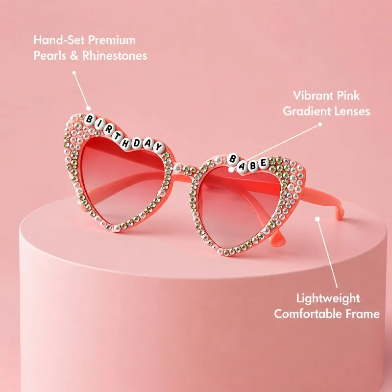 Rhinestone Heart Shape Sunglasses Women Pink Gradient Lens Bling Crystal Heart Shades Bachelorette Party Bridal Eyewear