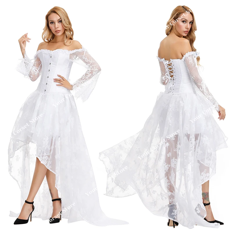 Vestido de corsé de talla grande para mujer, corpiño victoriano, falda larga, conjunto de corsé de boda, traje burlesco, vestido de novia, vestido de corsés blanco