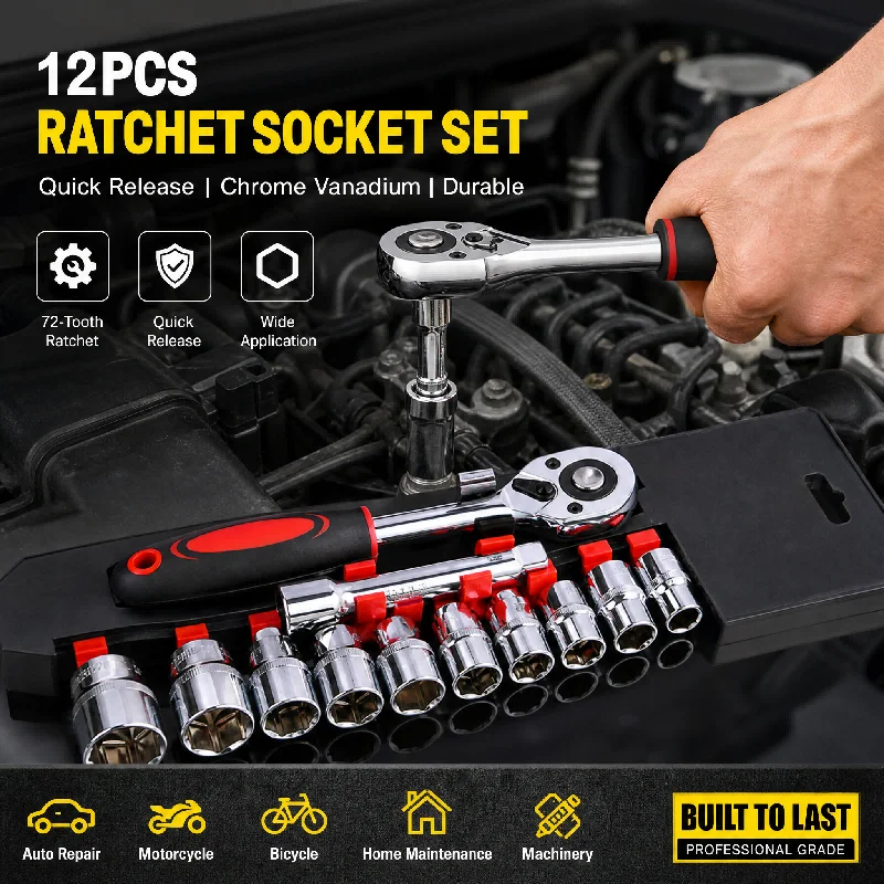 12 Pcs Quick Release Ratchet Socket Wrench Set Chrome Plating Car Hardware Repair Tool Kit