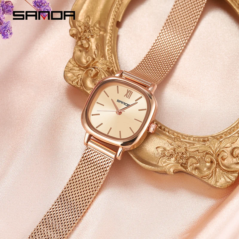 Fashion Sanda Top Brand Women\'s Luxury Rose Gold Dial Quartz Ladies Dress Original Clock Best Steel Leather And Mesh Gifts Watch