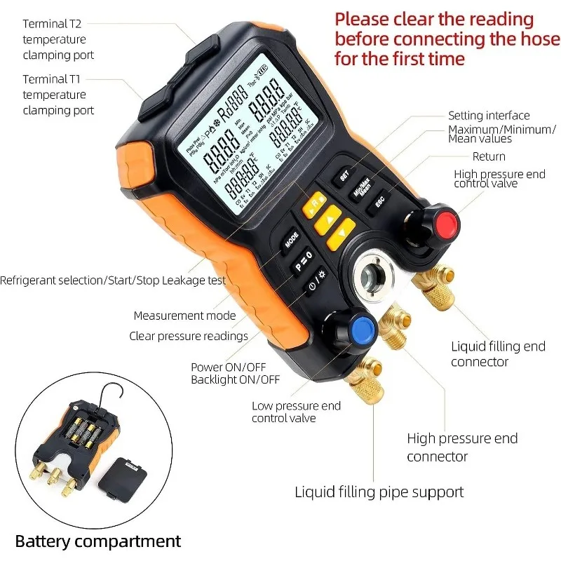 HTI New HT-750 Digital Pressure Gauge Refrigeration Vacuum  Manifold Tester Refrigerant Meter