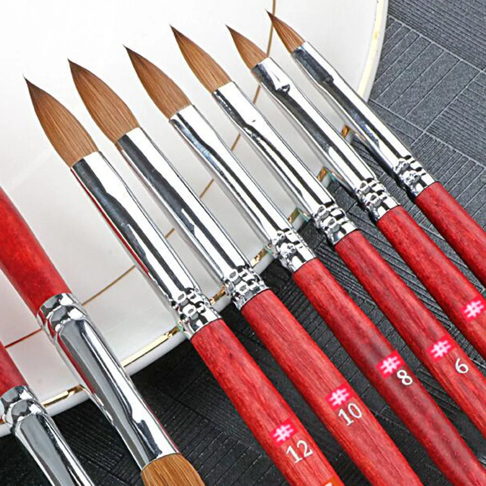 ﻿1pc/6pcs Mink Crystal Powder Nail Brush Red Wood Handle Gel Nail Builder Pen Professional Crystal Dust Styling Pen For Building