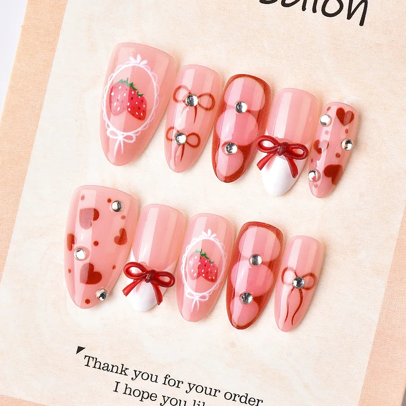 24Pcs Strawberry Bow Heart Press on Fake Nails French Rhinestone Detachable False Nails Mid-length Almond Full Cover Nails Tips