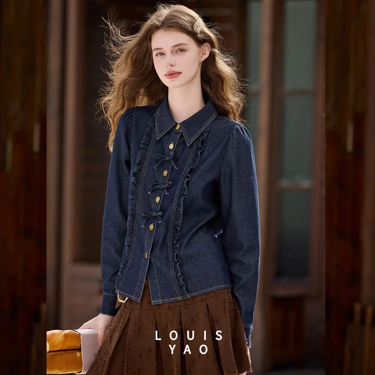 

LOUISYAO Bow-Decorated Denim Shirt 2025 Autumn Retro Style Women's Top Flounced Edge Patchwork Long-Sleeved Women's Blouses