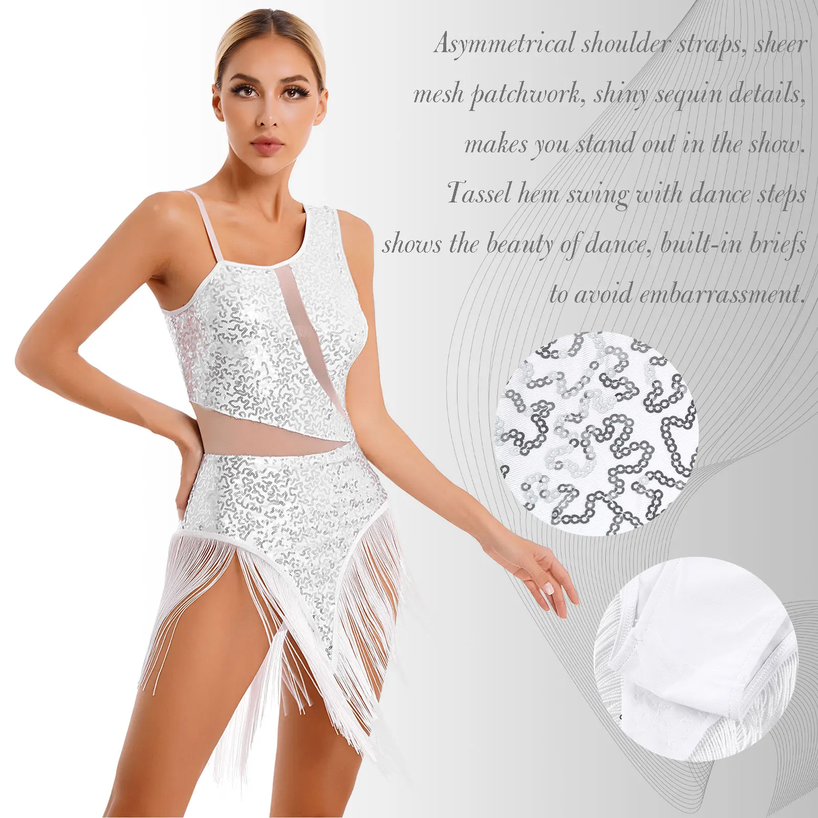 Donne paillettes lucide con frange nappa body abiti Costume da ballo latino per la danza concorso Samba Rumba Performance tuta