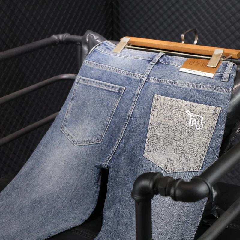 2024 NEW Personality Geometry Printed Jeans Men's Blue Trendy Korean Men's Stretch Soft Slim Straight Cropped Pants
