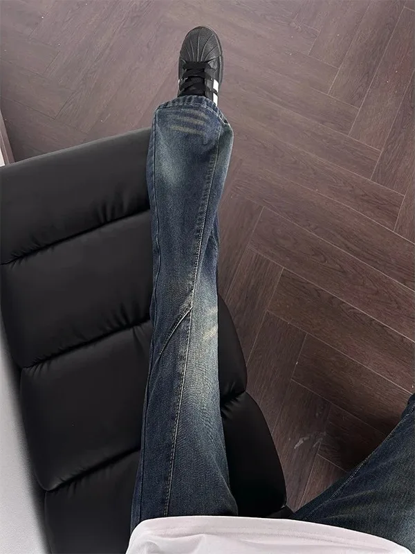 

Retro Blue Deconstructed Patchwork Men's Jeans Spring American Vibe Style Pants Leg Lengthening Straight Micro Flared Pants