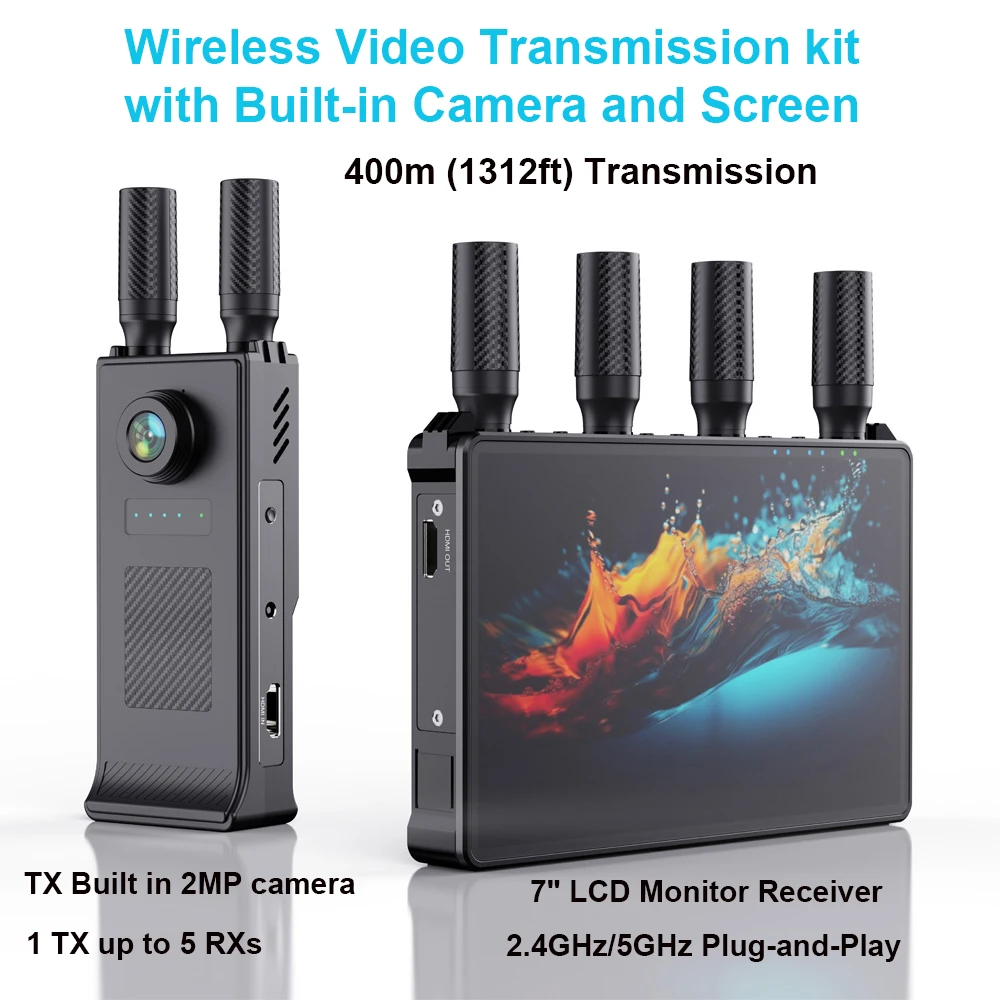 VRRIIS With 7'' LCD Screen Wireless HDMI Transmitter Receiver 400M Built-in 2MP Camera HDMI Extender Video For Live Streaming