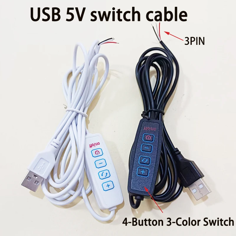 USB 5V LED Dimmer Switch Cable 4-Button 3-Color Dimming ON/OFF Power Extension Cord for LED Light Bulb ﻿