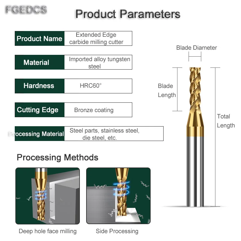 1 End Mill 0.5mm 2mm 0.3mm 0.8mm 4mm 6mm HRC60 4 Flute Extended Long Edge Tungsten Steel Carbide Cutter CNC Milling Cutter Tools