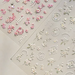 Swallow Window Pattern Peach Blossom Flower Antique Pear Blossom Adhesive 5D Nail Art Stickers Spring Manicure Decals
