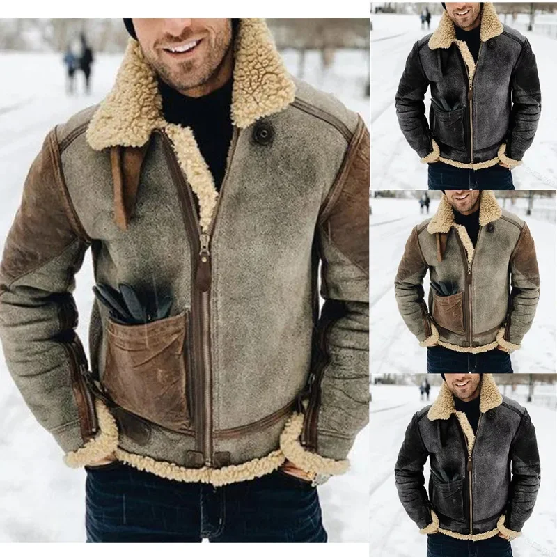 Men's Jacket Warm Faux Leather Warm Jacket Large Lapel Contrasting Color European American Suede Fur One-piece Jacket Thickened