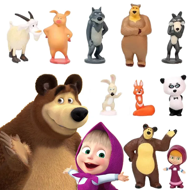 10PCS masha and the bear Action Figure Anime Model Cartoon Toys for Friends Gifts Furniture for Display Birthday Present