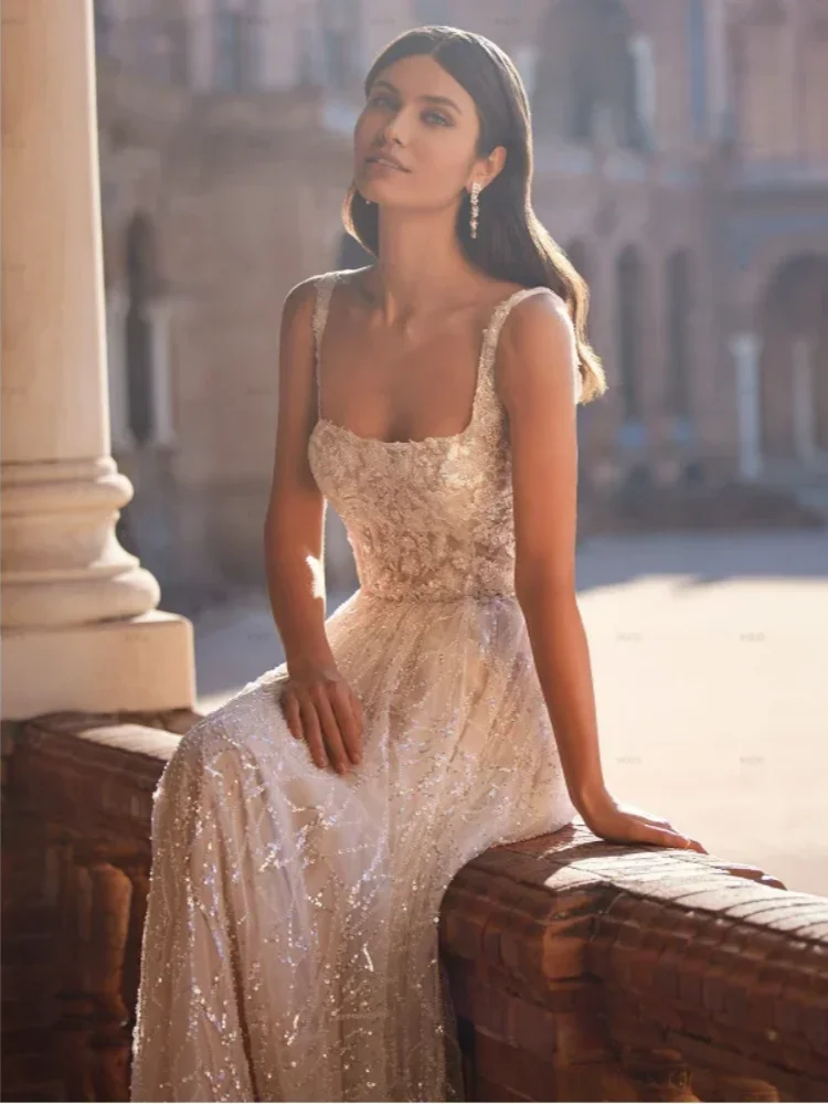 Elegant Square Collar Lace Beaded Wedding Dress Spaghetti Strap A-line Tulle Bride Dress Shining decals Prom Dresses Custom