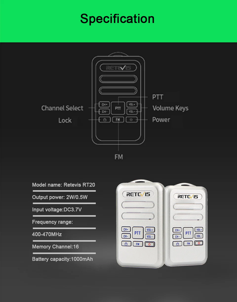 Retevis RT20 Mini Walkie Talkie Transceiver 2-Wege-Radio Walk Talk PTT Radio Comunicador Walkie-Talkies für Restaurant Hotel Home – Detail 11